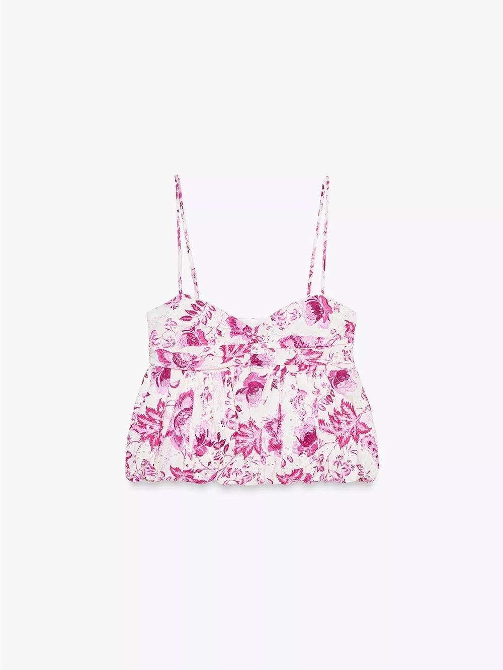 Zara Pink Floral Printed Top with Openwork Embroidery